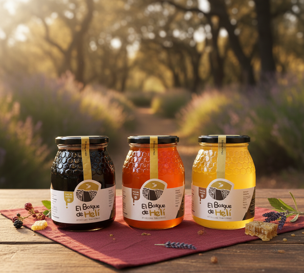 Tres variedades de miel artesanal de El Bosque de Helí (cantueso, zarzamora y mela) en tarros de cristal sobre una mesa de madera con fondo de bosque y flores.
